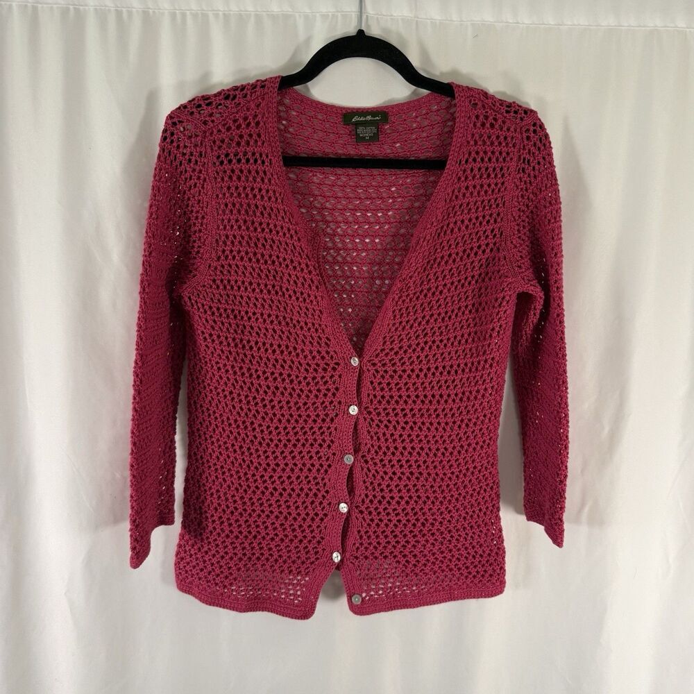 Eddie Bauer Cardigan Women's Medium Pink Open Knit Button Front 100% Cotton
